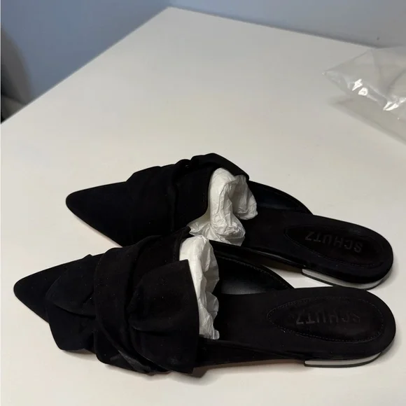 SCHUTZ Black Suede Bow Pointed-Toe Slip-On Mules - Picture 2 of 4